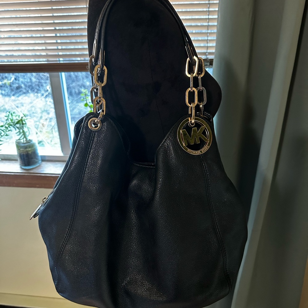 Michael Kors Black Leather Shoulder Bag with Gold Hardware